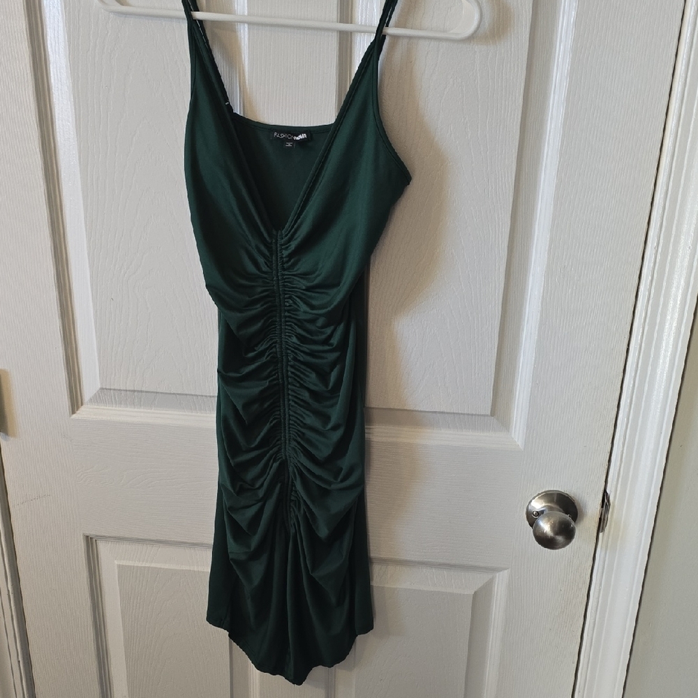 Fashion Nova Deep Green Ruched Midi Dress